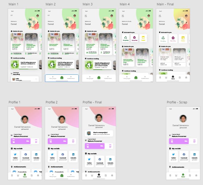 Main and profile screen iterations through to final UI