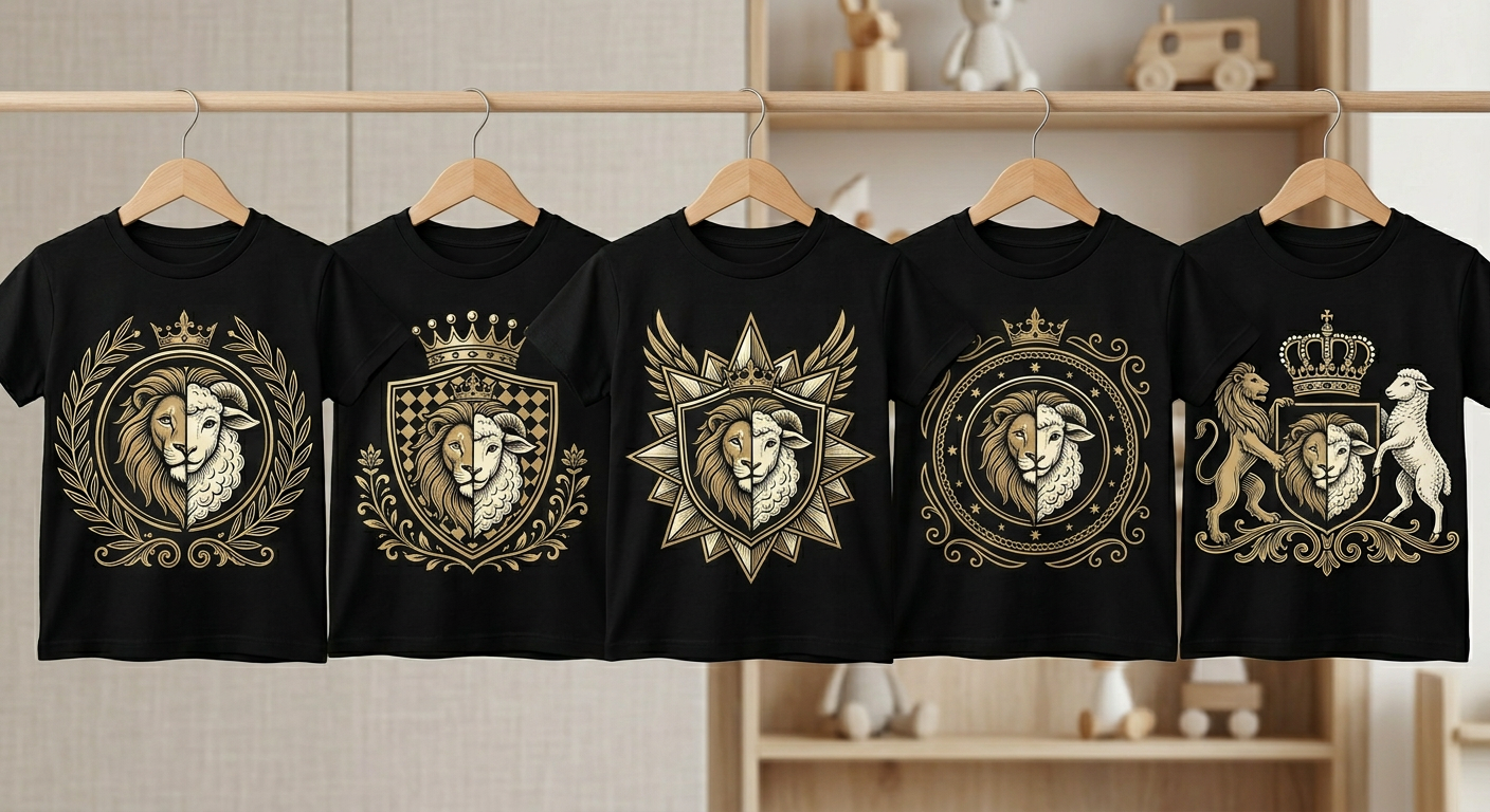 Heraldic lion and lamb crest tee ideations