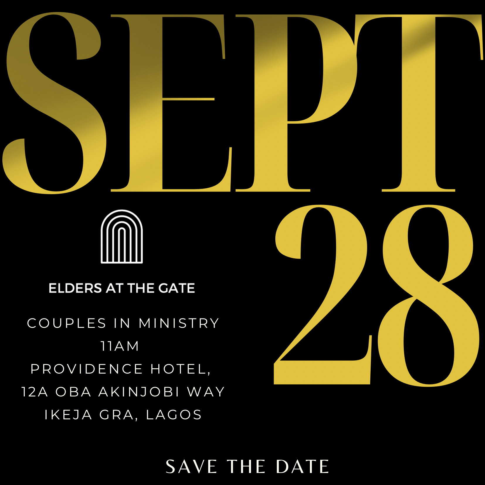 Sept 28 — save the date, gold on black