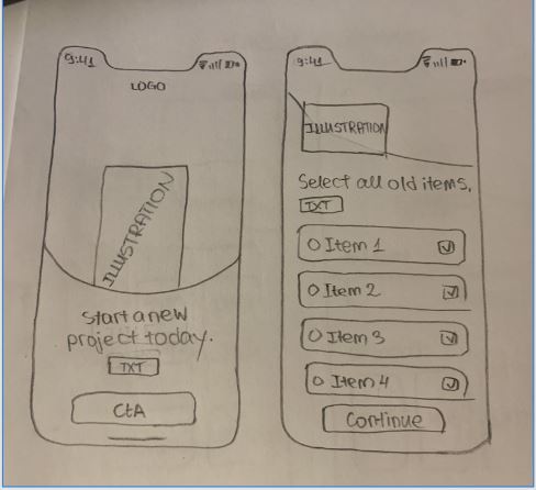 Onboarding and item selection wireframes